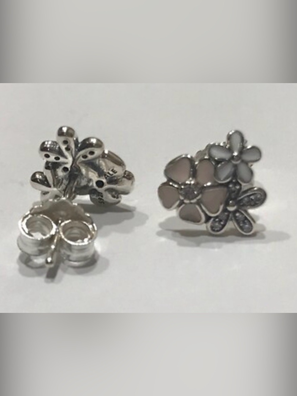 Pandora Silver Floral Stud Earrings with Soft Pink Enamel